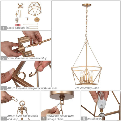 Assembly guide for Dope Gold Lantern Chandelier Pendant Light Fixture For Dining Room And Kitchen Island with protective cage.
