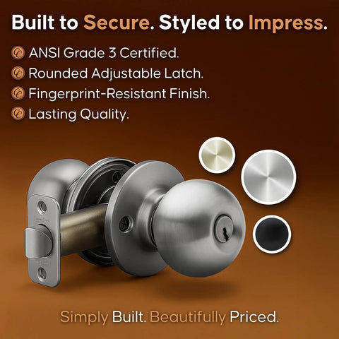 Ball Door Knob Set With Keyed Alike Deadbolt Satin Stainless Finish showing adjustable latch and fingerprint-resistant surface.