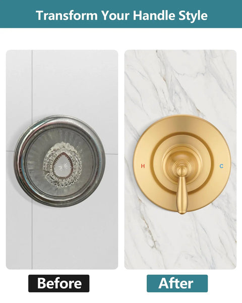 Stylish Brushed Gold Chateau Style Shower Faucet Trim Kit For Moen Fit Valve Featuring Elegant Pull On Push Off Design Knob With Clear Hot And Cold Labels And Modern Aesthetic Look Perfect For Your Bathroom Reno Project before and after
