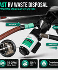 Close-up of RV Macerator Pump 12V DC Portable Self Priming with hoses attached, showing flow rate and lift features.