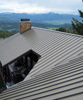Heavy Duty Tough As Nails Clear Roof Sealer Stops Leaks Cold For Seven Years on a metal roof with mountain background.