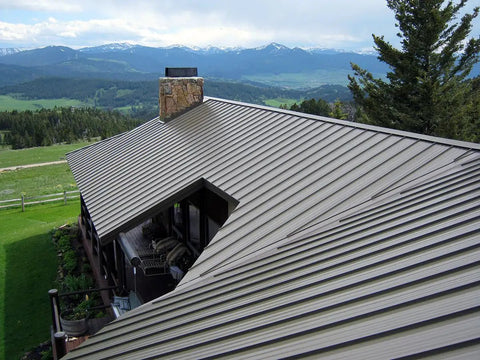 Heavy Duty Tough As Nails Clear Roof Sealer Stops Leaks Cold For Seven Years on a metal roof with mountain background.