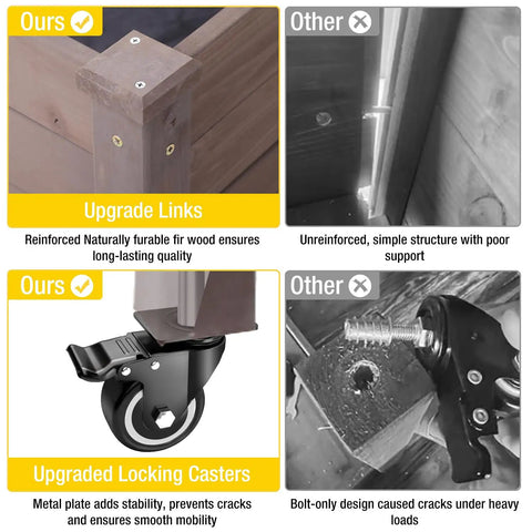 Comparison of upgraded reinforced wood links and locking casters in Big Ol Raised Garden Bed On Wheels with Grow Grid