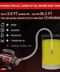 High Output Premium 12 Volt Electric Fuel Transfer Pump Moves 13 Gallons Per Minute With Straight Shooter Nozzle And Durable Hose pumping yellow oil.