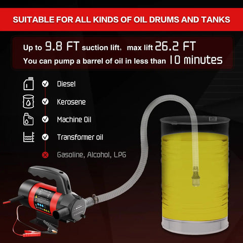 High Output Premium 12 Volt Electric Fuel Transfer Pump Moves 13 Gallons Per Minute With Straight Shooter Nozzle And Durable Hose pumping yellow oil.