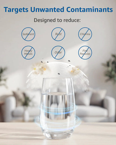 Glass of purified water showing 4 Pack Water Filter Cartridges For Pitcher And Dispenser With 5 Stage Filtration Reducing Lead PFAS Mercury Fluoride And Chlorine Easy Twist Lock Install No Brainer Fit For New Pitcher Models And Replacement Cartridges effects.