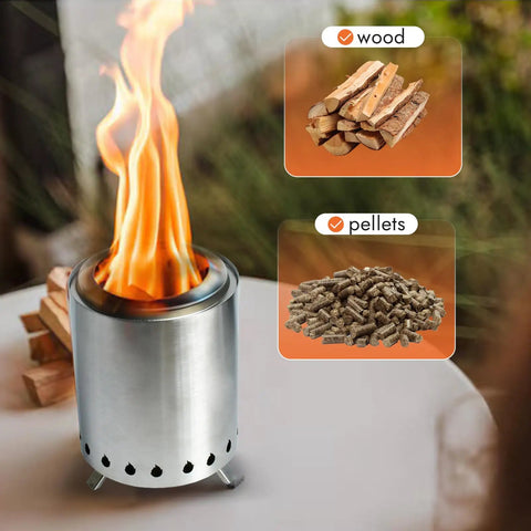 Pellet Tabletop Fire Pit 7 Inch Mini Outdoor Fire Pit with removable ash pan, wood and pellets options shown.