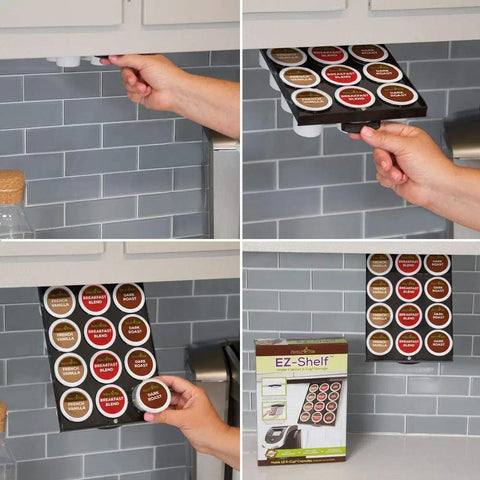 Under Cabinet Coffee Pod Storage Rack For Keurig K Cups, space-saving design holds 12 pods, installed under a kitchen cabinet.