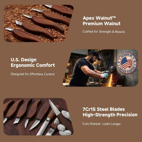 Wood Carving Kit 30 Piece Tools Set With Leather Storage Bag showing walnut handles, ergonomic design, and 7Cr15 steel blades.
