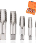 Five Piece NPT Pipe Tap Set With Sizes One Eighth Inch Through Three Quarters Inch Carbon Steel Hand Threading Tool For Plumbing Mechanics And DIY Tasks That Delivers Clean Accurate Threads For Pros And DIYers, shown in orange case open.