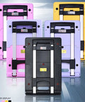No Sweat Heavy Duty Folding Hand Truck With Smooth 360 Degree Swivel Wheels And Retractable Deck in various colors, folded for storage.