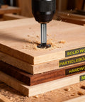 7/16 Inch Forstner Drill Bit With 1/4 Inch Quick Change Hex Shank Tungsten Carbide Tipped cutting through various wood layers
