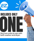 Person holding megaphone with text 'Includes Only One' emphasizing the Washer And Dryer Pedestal 29 Inch Wide 16 Inch High White Steel Universal Fit With Major Brands Leak Proof Drain Pan And Hose Laundry Stand For Back Pain Relief Supports Up To 800 Pounds requirement to buy two units.