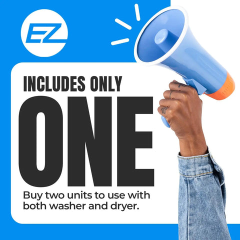 Person holding megaphone with text 'Includes Only One' emphasizing the Washer And Dryer Pedestal 29 Inch Wide 16 Inch High White Steel Universal Fit With Major Brands Leak Proof Drain Pan And Hose Laundry Stand For Back Pain Relief Supports Up To 800 Pounds requirement to buy two units.