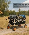 Heavy Duty Outdoor Folding Utility Wagon With 125 Liter Capacity And 600D Oxford Zero Hassle Folding Design rolls smoothly over terrain on 5 inch wheels.