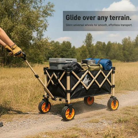 Heavy Duty Outdoor Folding Utility Wagon With 125 Liter Capacity And 600D Oxford Zero Hassle Folding Design rolls smoothly over terrain on 5 inch wheels.
