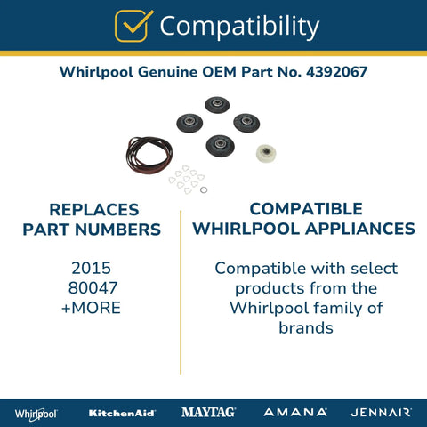 Dryer Repair Kit With Belt, Four Drum Rollers, Idler Pulley, Nine Triangle Clips And Washer, compatible with Whirlpool appliances.