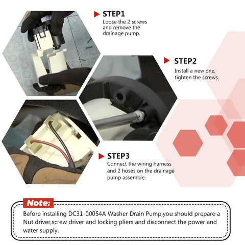 Installation steps for Heavy Duty OEM Washing Machine Drain Pump For Kenmore Maytag Samsung Replaces DC31-00054A 62902090.