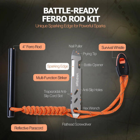 Image showing a Ferro Rod Fire Starter Survival Tool All In One Flint And Steel Kit with reflective paracord and survival whistle.