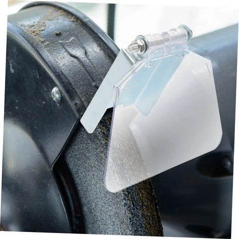 Bench Grinder Guard Plate Transparent Protective Shield attached to grinding machine, made of stainless steel and clear ABS plastic.