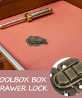 Six Piece Heavy Duty Toggle Hasp Latch Replacement For Chest And Tool Box, Cold Rolled Steel Cabinet Door Locks That Are Totally Awesome For Secure Storage Solutions. Toolbox drawer lock on red panel, brass-toned steel hasp close-up