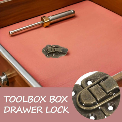 Six Piece Heavy Duty Toggle Hasp Latch Replacement For Chest And Tool Box, Cold Rolled Steel Cabinet Door Locks That Are Totally Awesome For Secure Storage Solutions. Toolbox drawer lock on red panel, brass-toned steel hasp close-up