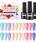 Pastel Gel Nail Polish Set 12pcs Vegan Cruelty Free Soak Off UV LED Cure Nail Art Kit displayed with various pastel colors