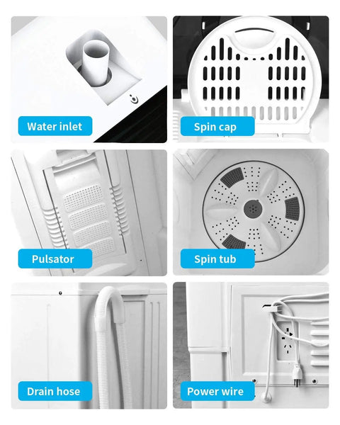 Slick Compact Twin Tub Portable Mini Washing Machine With Built In Drain Pump details: water inlet, spin cap, pulsator, spin tub, drain hose, power wire.