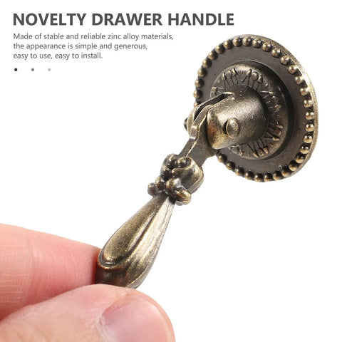 Vintage Cabinet Knobs With Sturdy Heavy Duty Drawer Pulls For Dressers And Interior Doors Hella Durable Hardware For An Instant Room Glow Up Easy Mount Two Pack shown being held, detailed retro design, zinc alloy material.