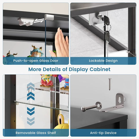 Push-to-open door, lockable design, removable glass shelf, and anti-tip features of the 8-Tier RGB Glass Display Cabinet With Motion Sensor And Remote, Lockable Glass Doors, 73 Inch Tall Curio Showcase For Collectibles And Figures, Black Finish, The Dope Home Gallery Display That Pops