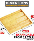 No Sweat Adjustable Bamboo Spice Drawer Organizer Expands To Fit Any Kitchen Cabinet Slot, measuring 17 inches deep, 1.4 inches tall.
