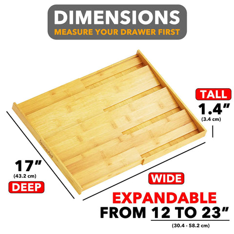 No Sweat Adjustable Bamboo Spice Drawer Organizer Expands To Fit Any Kitchen Cabinet Slot, measuring 17 inches deep, 1.4 inches tall.