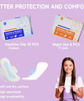Tween First Period Starter Kit For Girls Aged Nine To Twelve With Comfort Essentials For School And Home showing sanitary napkins and girl holding kit