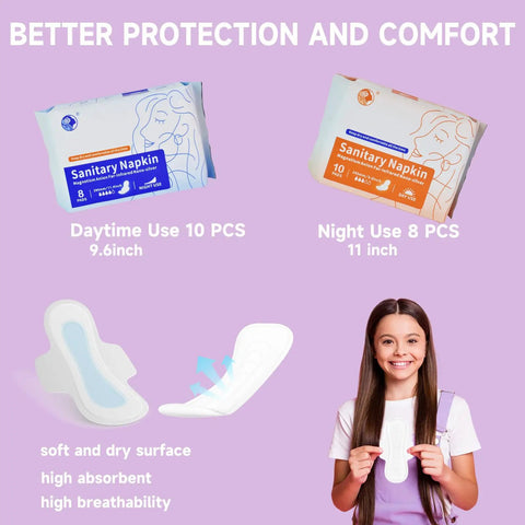 Tween First Period Starter Kit For Girls Aged Nine To Twelve With Comfort Essentials For School And Home showing sanitary napkins and girl holding kit