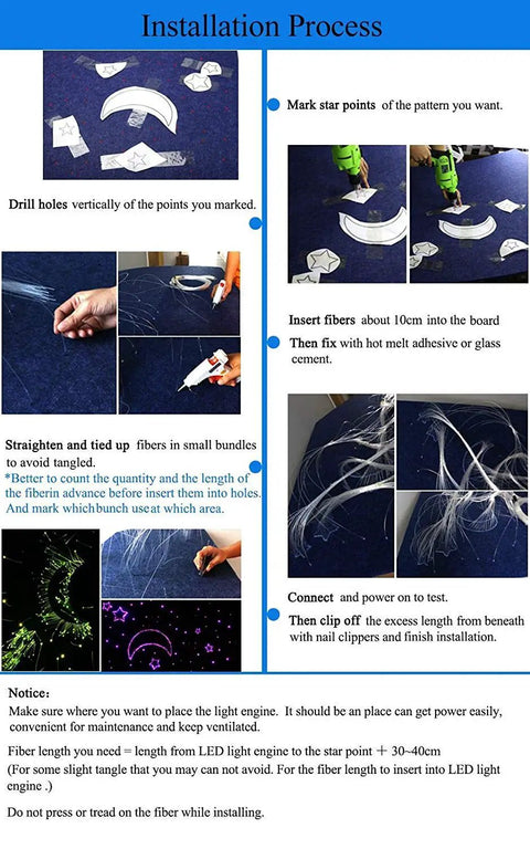Installation steps for Bluetooth App Controlled LED Fiber Optic Star Ceiling Kit 16W RGBW Lights With 450 Fibers 6.5ft Length.