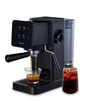 Badass Home Espresso Maker With Slick Touchscreen Interface And 20 Bar Pump Pulls Knockout Shots For Smooth Lattes Or Quick Cold Brew Featuring Full Milk Frothing Setup With Generous 41oz Water Tank, brewing espresso with a glass below.