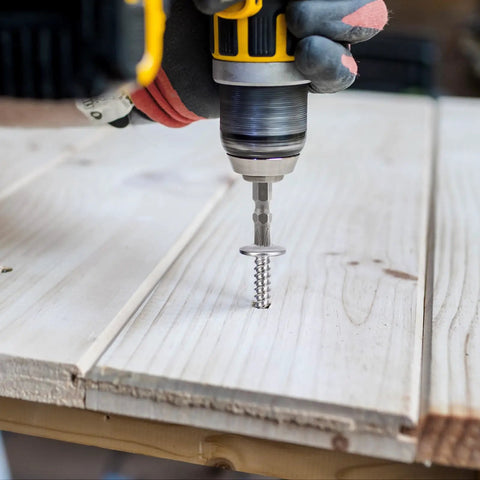 Rock Solid 150 Piece Set Of Heavy Duty Eight By One Inch Phillips Truss Head Stainless Steel Self Tapping Fasteners in use.