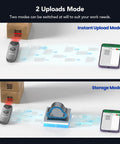 Demonstration of Portable Bluetooth 2D And 1D Barcode Scanner Mini Wireless Handy Reader With 2.4G USB Connection for iPad Phone Android Tablet PCs in use showing instant upload and storage modes with smartphone and box.