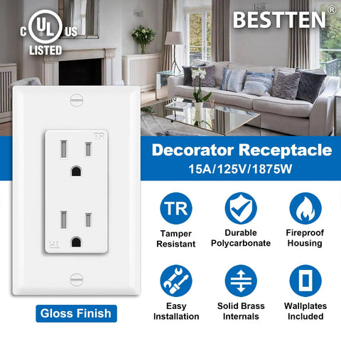 20 Pack 15 Amp Tamper Resistant Decor Receptacles For Home And Business, Standard Wall Outlet With UL Listed Safety, 125V 1875W White