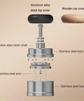 Big Time 58mm Espresso Accessories Kit Featuring Slick Stirrer Distribution Tool And Spring Loaded Distributor Leveler with detailed parts view.