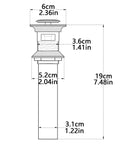 Diagram of Antique Solid Brass Pop Up Sink Drain Stopper With Overflow For Bathroom Vanity showing dimensions