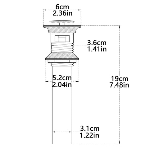 Diagram of Antique Solid Brass Pop Up Sink Drain Stopper With Overflow For Bathroom Vanity showing dimensions