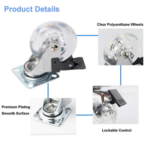 4 Pack 3 Inch Swivel Caster Wheels For Furniture 800Lbs Lockable Heavy Duty Clear Polyurethane Rolling Wheels With 360 Degree Top Plate
