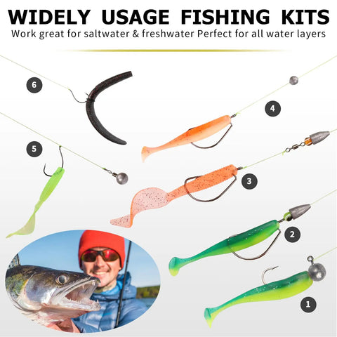 All In One Fishing Accessories Kit With Tackle Box 255 Piece Set Includes Hooks Jig Heads Sinkers Weights Swivels Snaps Bobbers And Leaders For Bass Trout Panfish And Walleye Freshwater Anglers showcasing various lures and a fish.
