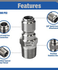 Essential Washer stainless steel 3/8 inch male NPT pressure-washer quick-connect fitting, set of 2, front view