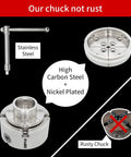4 Inch Nickel Plated Wood Lathe Chuck Set showcasing stainless steel parts, high carbon steel, and rust-resistant nickel finish.
