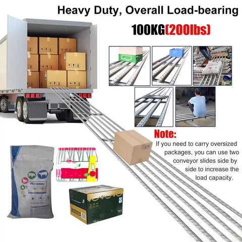 Heavy Duty Portable Roller Conveyor With Stainless Steel Frame And Plastic Rollers For Warehousing, Trailers, And Material Handling Tasks loaded with cargo boxes.