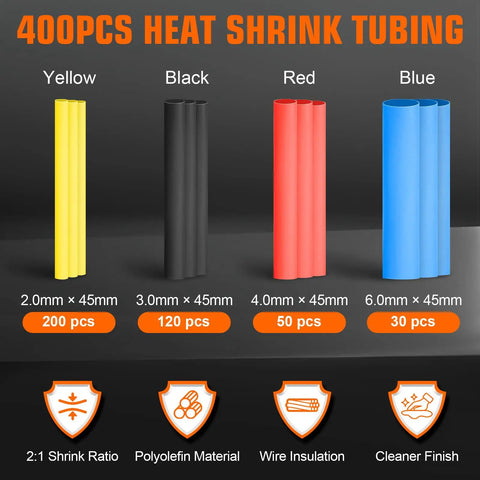 400PCS Heat Shrink Tubing in yellow, black, red, and blue; various sizes for wire insulation and electrical tasks.