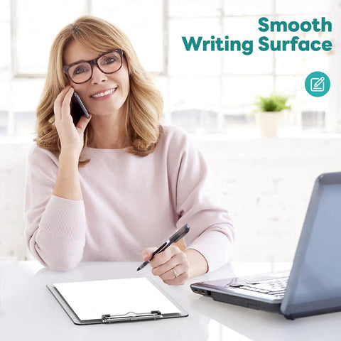 Woman using Clear Plastic Clipboard 2 Pack For 8.5 By 11 Papers, Letter Size, Low Profile Clip in office setting.
