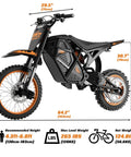 RM7 Electric Dirt Bike For Teens And Adults, 2200W Peak Motor, black frame, orange accents, size details displayed